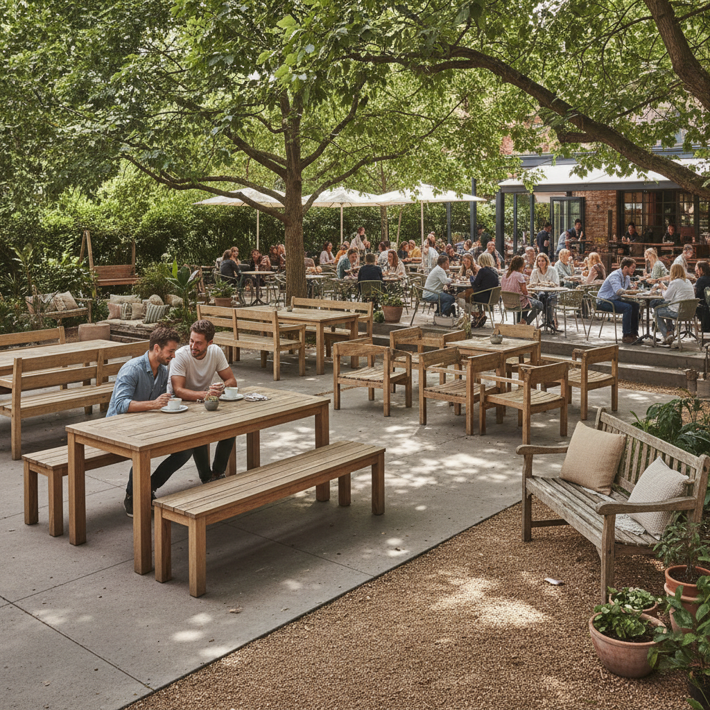 Realistische foto passend bij Houten zitbanken: duurzame zitoplossingen voor horeca en thuisgebruik 